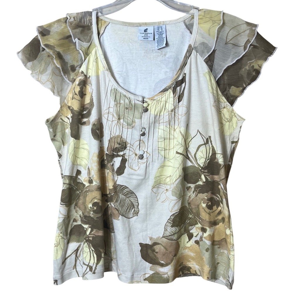 Caribbean Joe Floral Ruffle Sleeve Top XL Petite Tan Olive Coastal Cottagecore